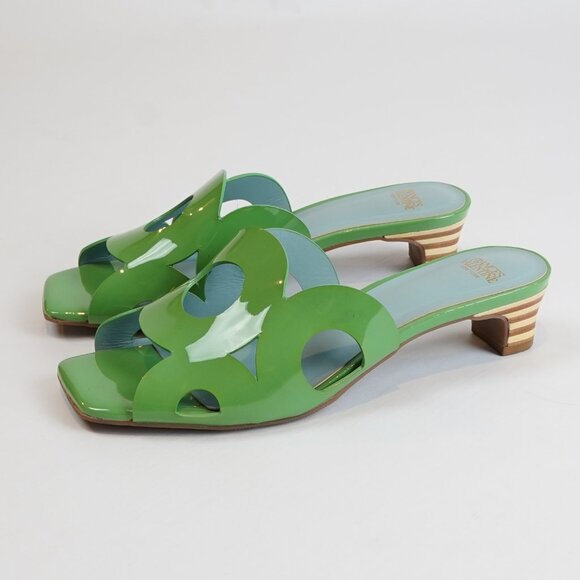 Frances Valentine Shoes - Frances Valentine Randy Slide Kitten Heel Square Toe Green Patent Leather - 7